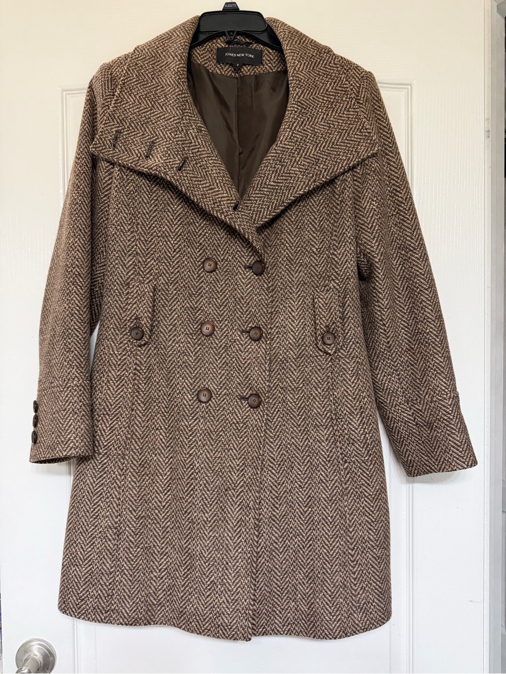 Jones New York Wool Herringbone Tweed Double-Breasted Coat Sz 8